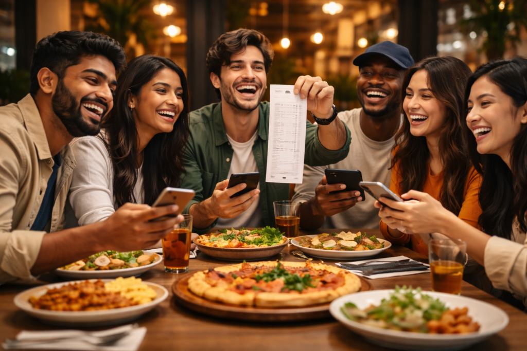 Group of friends splitting restaurant bill on group trip at dinner table