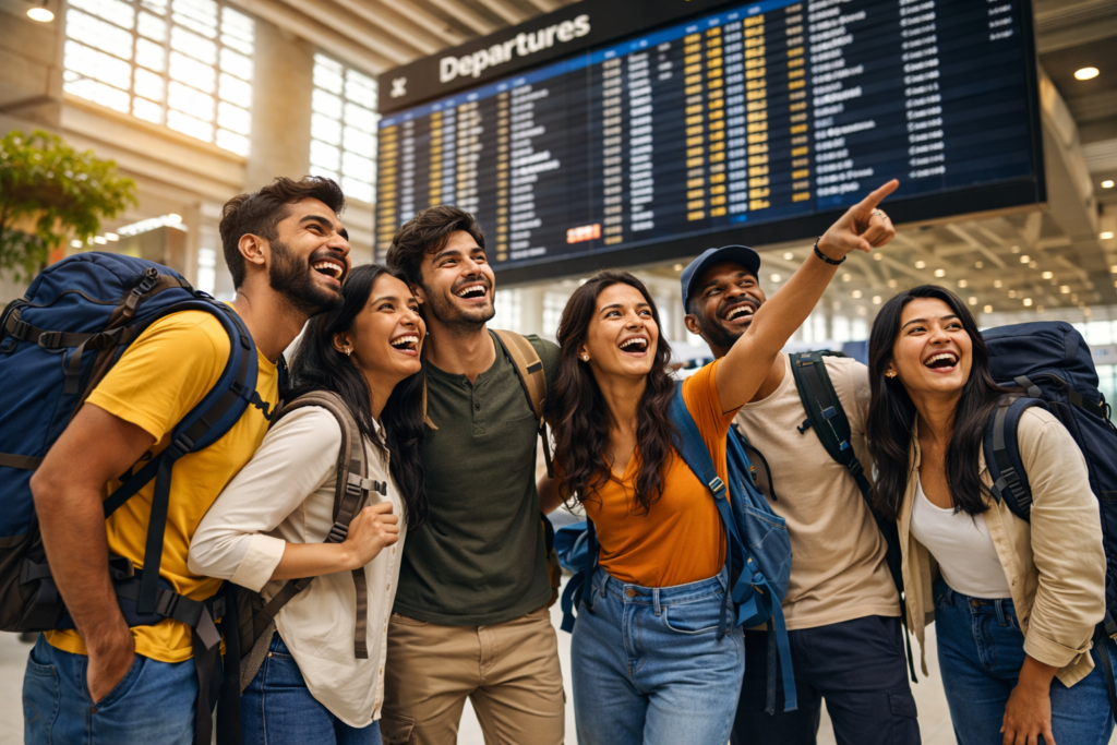 Group of friends with backpacks ready for a group trip at airport