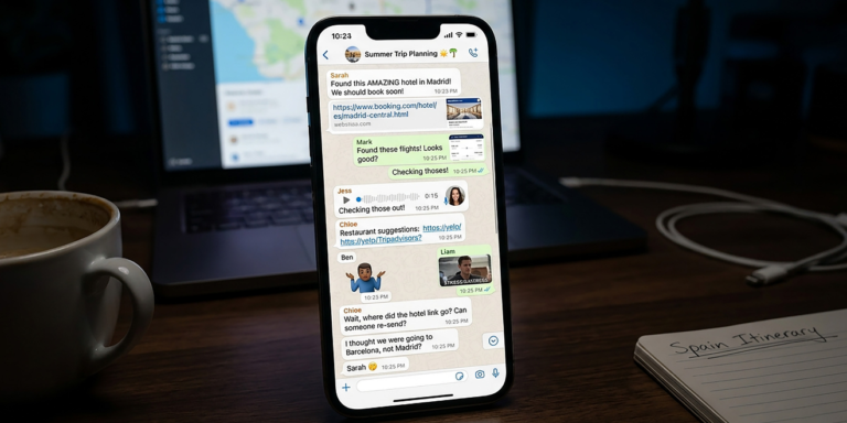 Chaotic WhatsApp group chat thread with buried hotel links, muted notifications, and unanswered messages