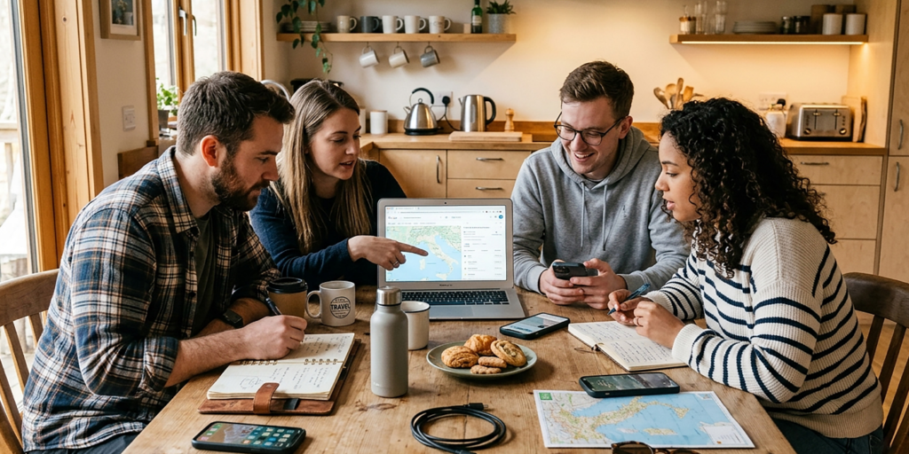 A group of friends planning a trip together around a laptop and shared budget