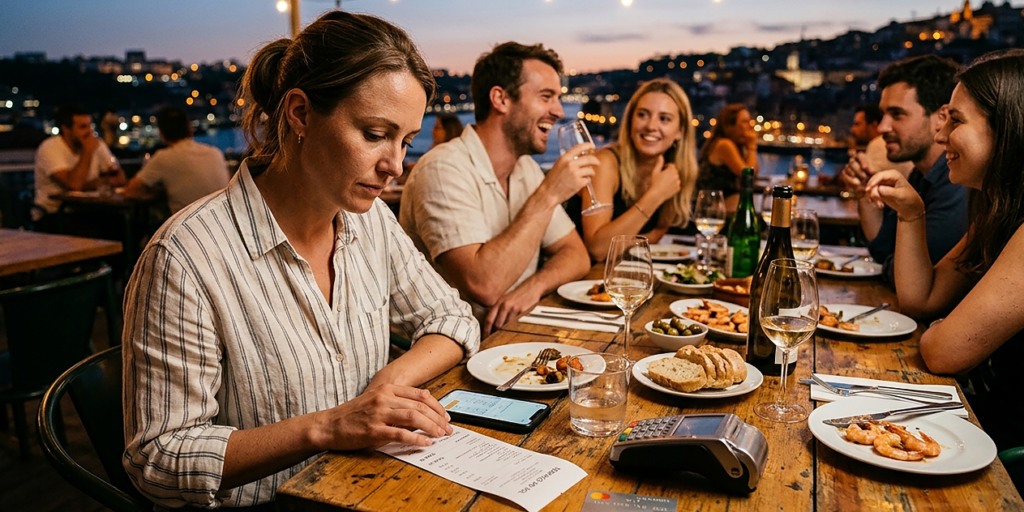 Person looking uncomfortable at a group dinner bill during a trip