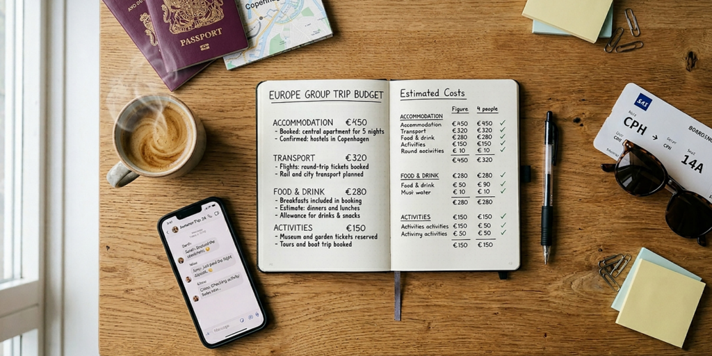 Group travel budget written in a notebook alongside passports and a phone
