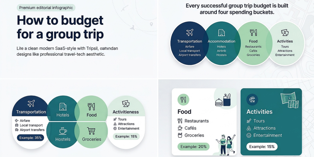 Infographic showing four group travel budget spending pockets: transport, accommodation, food, and activities