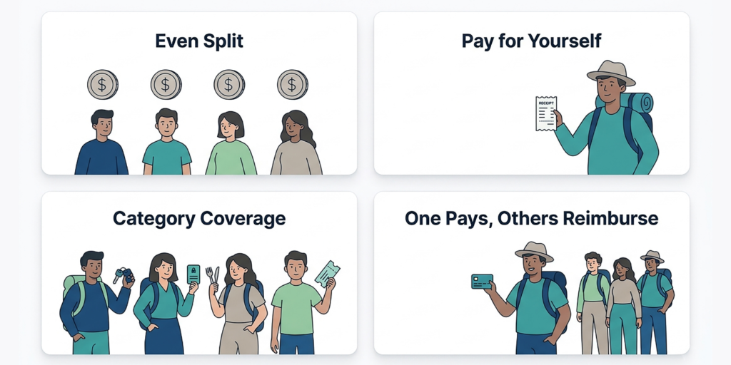 Four methods for splitting travel costs in a group illustrated as icons