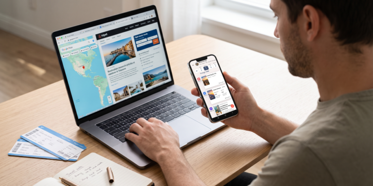 Traveler creating a travel itinerary using an itinerary planner before a vacation.